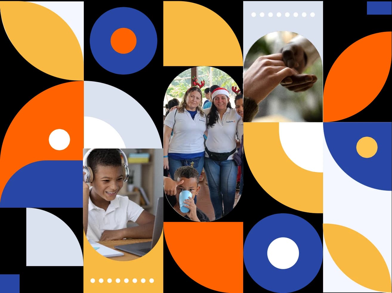 Graphic composition with geometric shapes in blue, orange and yellow framing three photographs: a child studying with headphones, a group of people in a community activity and a hand holding out a seed.