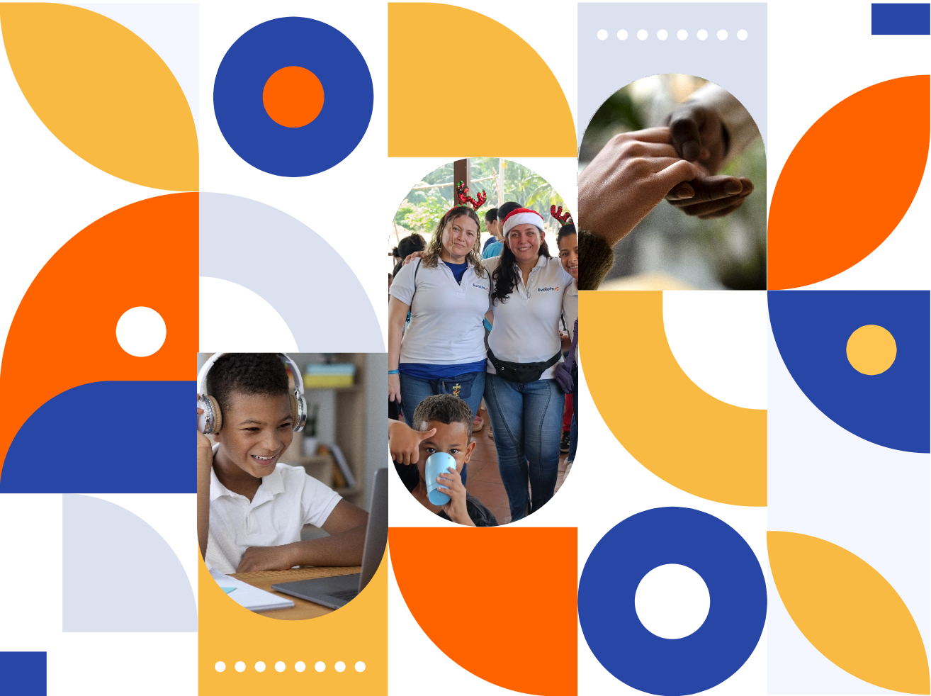 Composición gráfica con figuras geométricas en colores azul, naranja y amarillo que enmarcan tres fotografías: un niño estudiando con audífonos, un grupo de personas en actividad comunitaria y una mano entregando una semilla.